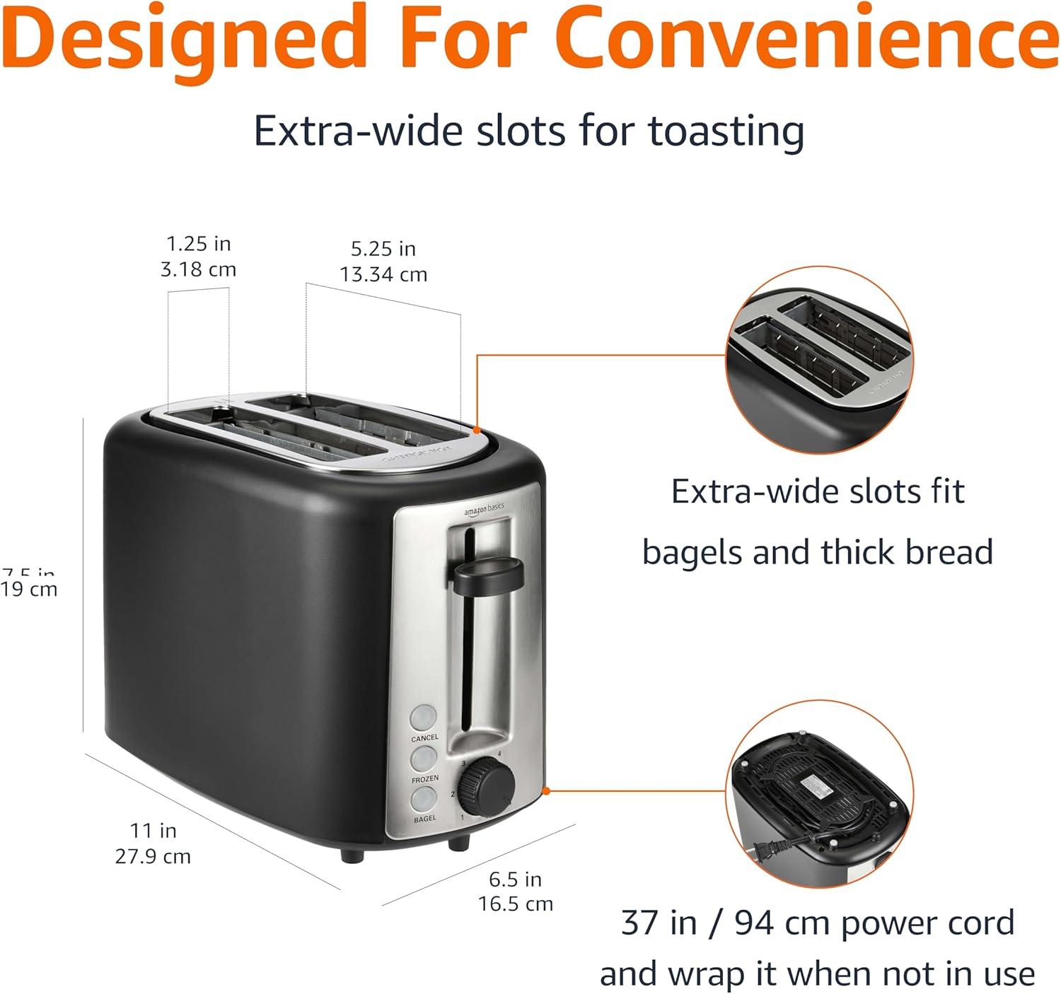 Amazon Basics 2 Slice Toaster: Precise Browning, Bagel Slots